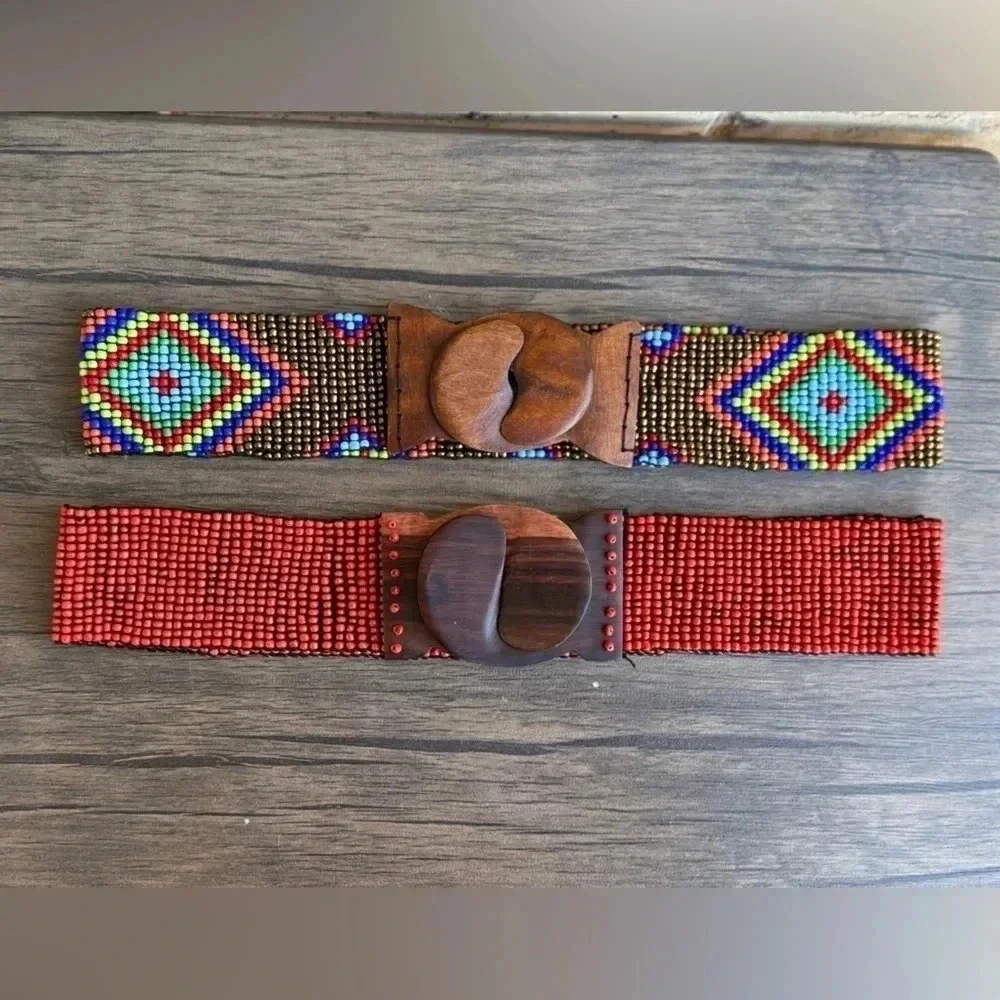 Beaded Elastic Waist Belt with Wooden Buckle - Multi and Red